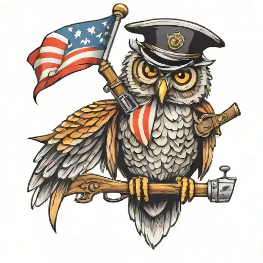 owl with rifle and flag uses flags tattoo design idea