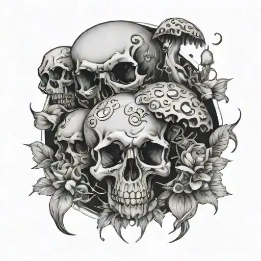 moon skulls flowers mushrooms tattoo design idea