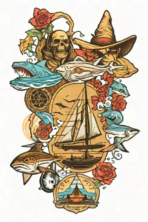movie themed featuring elements from Jaws, E.T, and Indiana Jones tattoo design idea