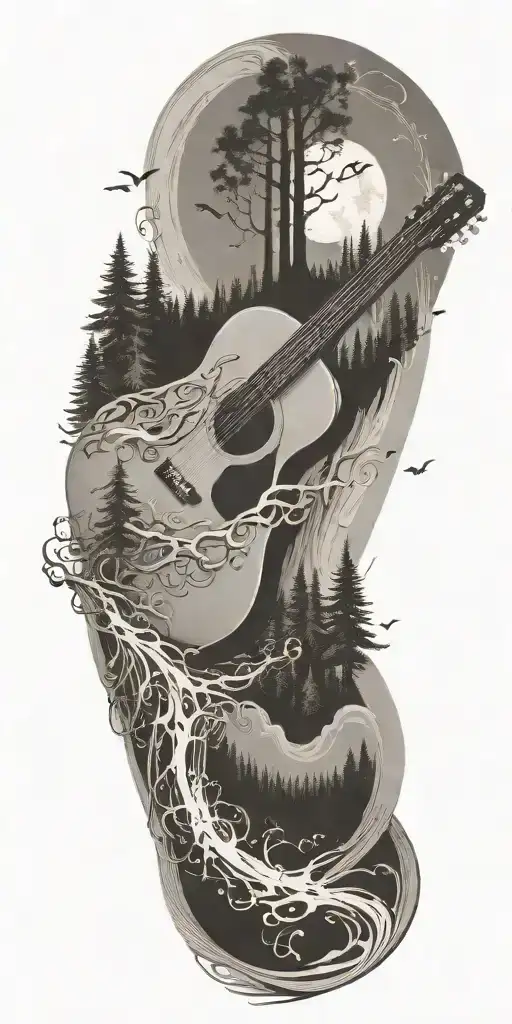 A river winding through a forest with a guitar and music notes floating above tattoo design idea