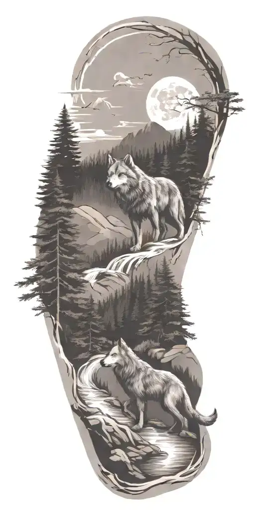 A river winding through a forest leading to mountains with wolf  tattoo design idea