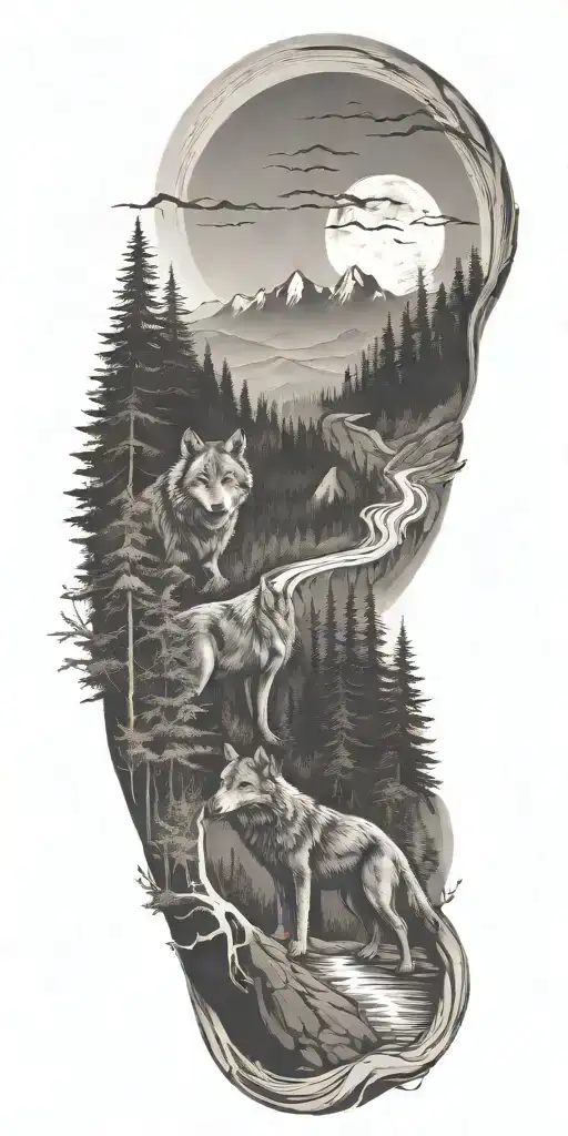 A river winding through a forest leading to mountains with wolf  tattoo design idea