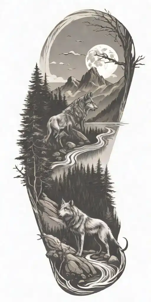 A river winding through a forest leading to mountains with wolf  tattoo design idea