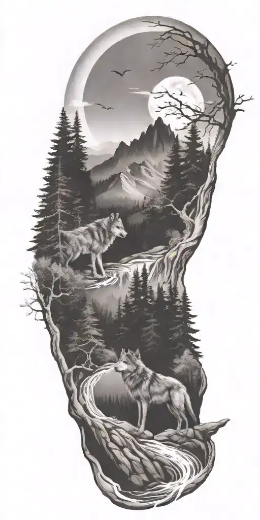 A river winding through a forest leading to mountains with wolf  tattoo design idea