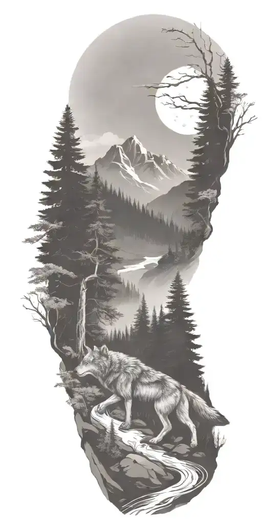 A river winding through a forest leading to mountains with wolf  tattoo design idea