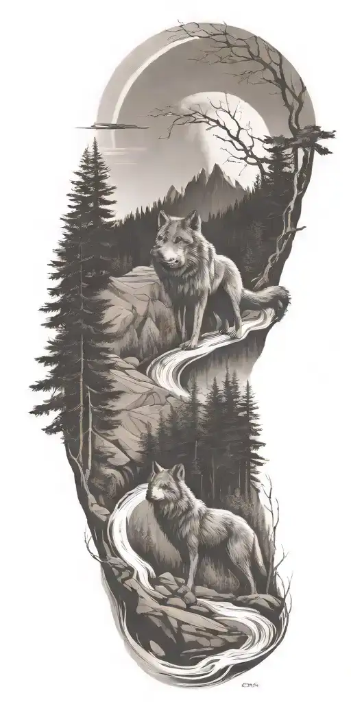 A river winding through a forest leading to mountains with wolf  tattoo design idea