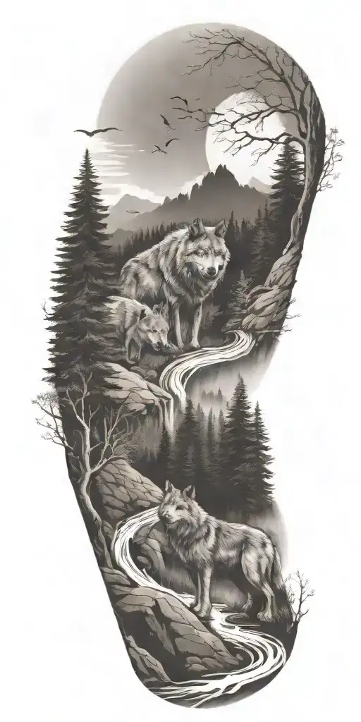 A river winding through a forest leading to mountains with wolf  tattoo design idea