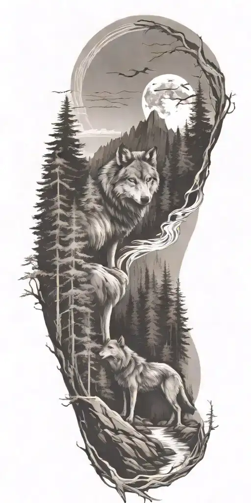A river winding through a forest leading to mountains with wolf  tattoo design idea