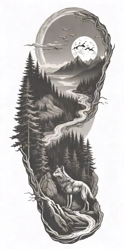 A river winding through a forest leading to mountains with wolf  tattoo design idea