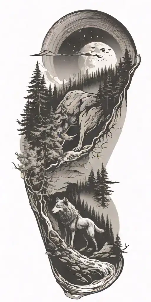 A river winding through a forest leading to mountains with wolf  tattoo design idea