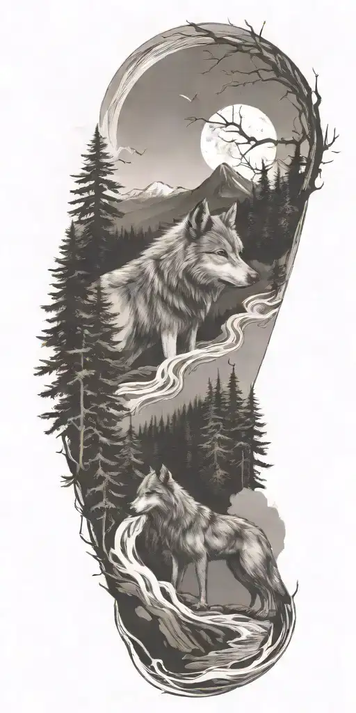 A river winding through a forest leading to mountains with wolf  tattoo design idea