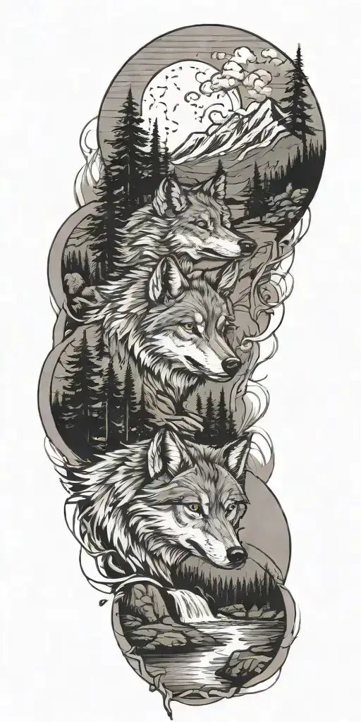 mountains with a river flowing through and wolf tattoo design idea