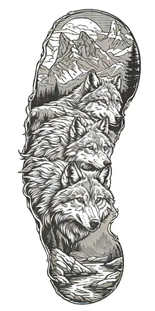 mountains with a river flowing through and wolf tattoo design idea