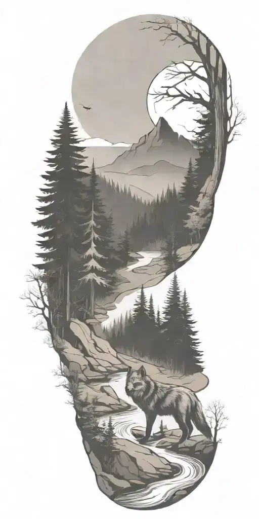 A river winding through a forest leading to mountains with wolf  tattoo design idea