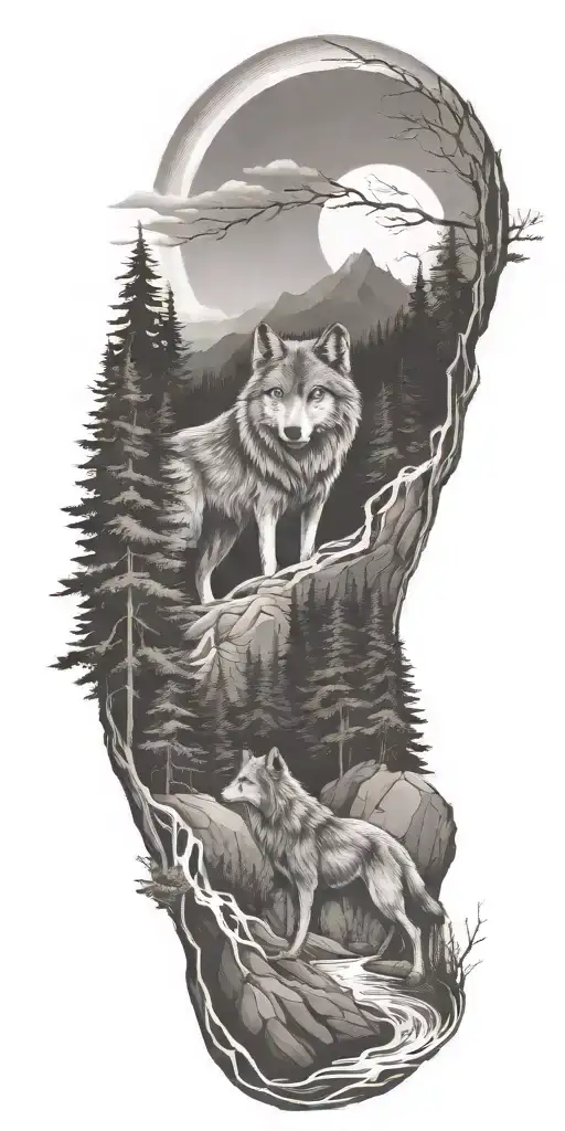 A river winding through a forest leading to mountains with wolf  tattoo design idea