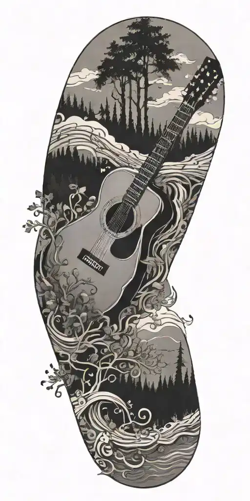 A river winding through a forest with a guitar and music notes floating above tattoo design idea