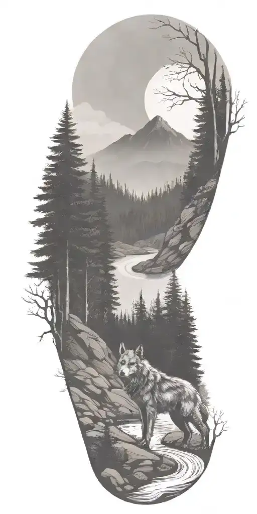 A river winding through a forest leading to mountains with wolf  tattoo design idea