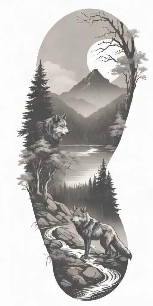 A river winding through a forest leading to mountains with wolf  tattoo design idea