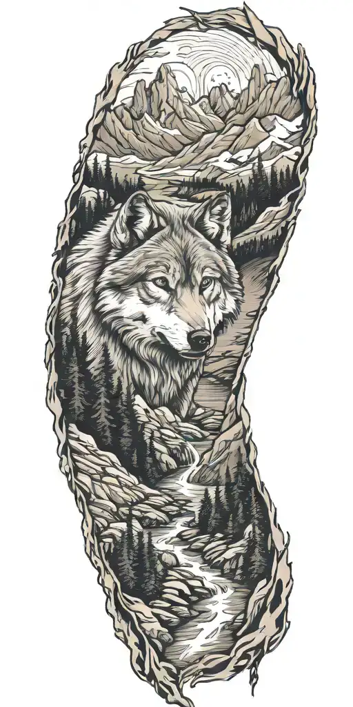 mountains with a river flowing through and wolf tattoo design idea