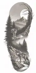 A river winding through a forest leading to mountains with wolf  tattoo design idea