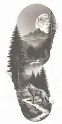 A river winding through a forest leading to mountains with wolf  tattoo design idea