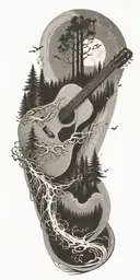 A river winding through a forest with a guitar and music notes floating above tattoo design idea