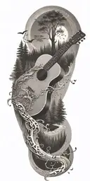 A river winding through a forest with a guitar and music notes floating above tattoo design idea