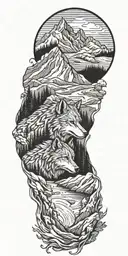 mountains with a river flowing through and wolf tattoo design idea