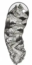 mountains with a river flowing through and wolf tattoo design idea