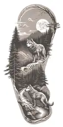 A river winding through a forest leading to mountains with wolf  tattoo design idea