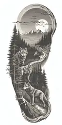 A river winding through a forest leading to mountains with wolf  tattoo design idea