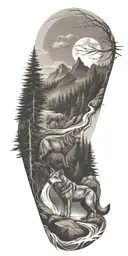 A river winding through a forest leading to mountains with wolf  tattoo design idea