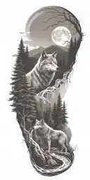 A river winding through a forest leading to mountains with wolf  tattoo design idea