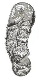 mountains with a river flowing through and wolf tattoo design idea