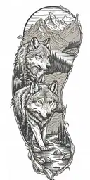 mountains with a river flowing through and wolf tattoo design idea