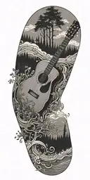 A river winding through a forest with a guitar and music notes floating above tattoo design idea