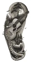 A river winding through a forest with a guitar and music notes floating above tattoo design idea