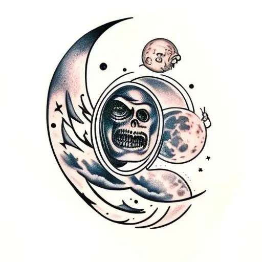 1950's Moon with Scary Face with brain  tattoo design idea