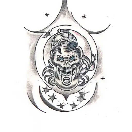 1950's Moon with Scary Face tattoo design idea