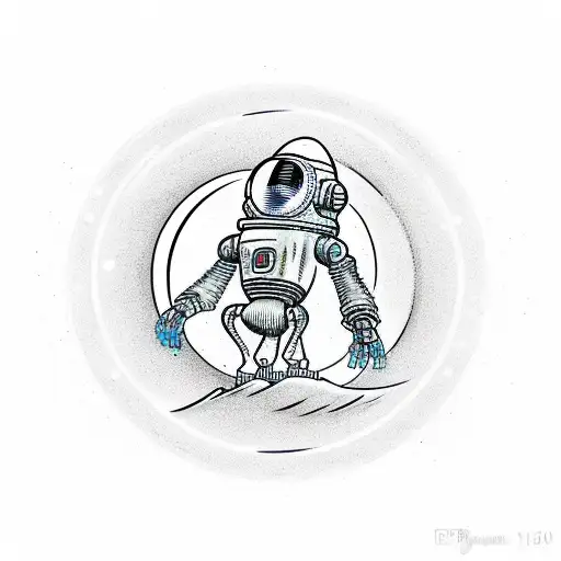 50's sci fi robot on mars with moon smiling overhead. 50's style martians working in the background spaceman with raygun tattoo design idea