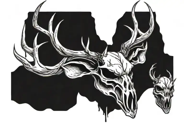 deer head dark tall horn skull tattoo design idea