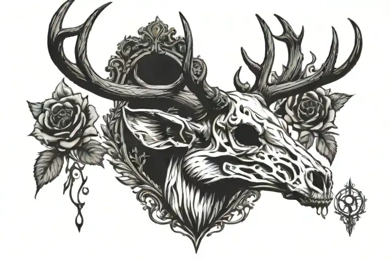 deer head dark tall horn skull tattoo design idea