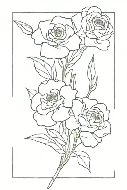 tattoo of fine line bouquet of birth flowers. carnation, violet, narcissus, marigold , rose and sweet pea tattoo design idea