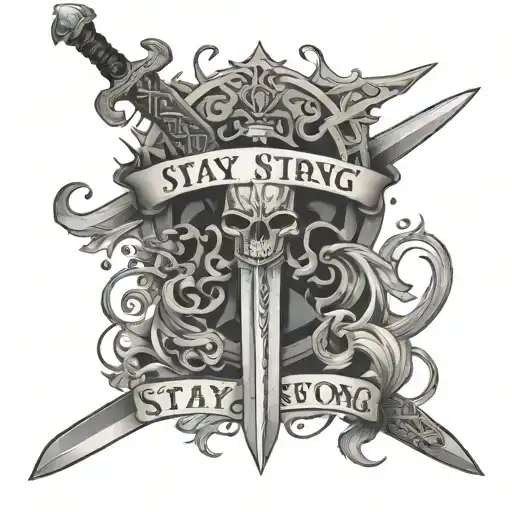 warrior sword with the message stay strong man tattoo design idea