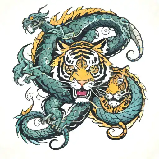 a dragon and a tiger surrounded tattoo design idea