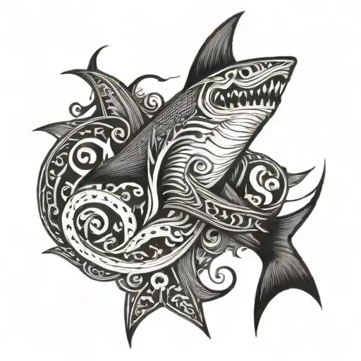 An intricate design of a tailor's needle transforming into a shark fin tattoo design idea