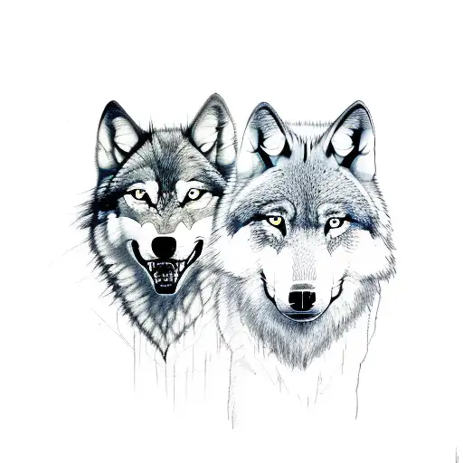 two halves of a wolf. The Left side is smiling and the right side is showing teeth tattoo design idea