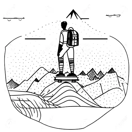 A silhouette of a traveler with a backpack standing in front of a majestic mountain range tattoo design idea