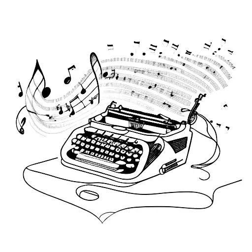 A typewriter surrounded by swirling musical notes and lyrics from Lana Del Rey songs tattoo design idea
