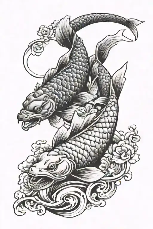 Need a sketch of a full arm tattoo in a traditional Japanese style. Two carp, one regular, the other with a dragon's head B with tattoo design idea